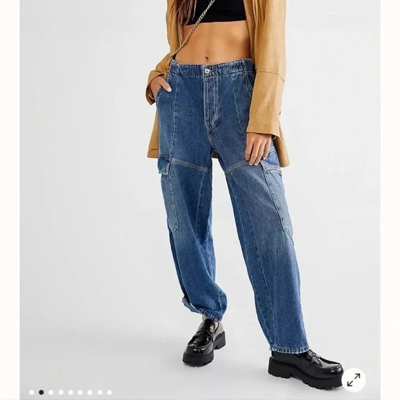 New Free People All Star Pull On Wide Leg Baggy Low Slung Jeans Cargo Medium - Picture 13 of 14
